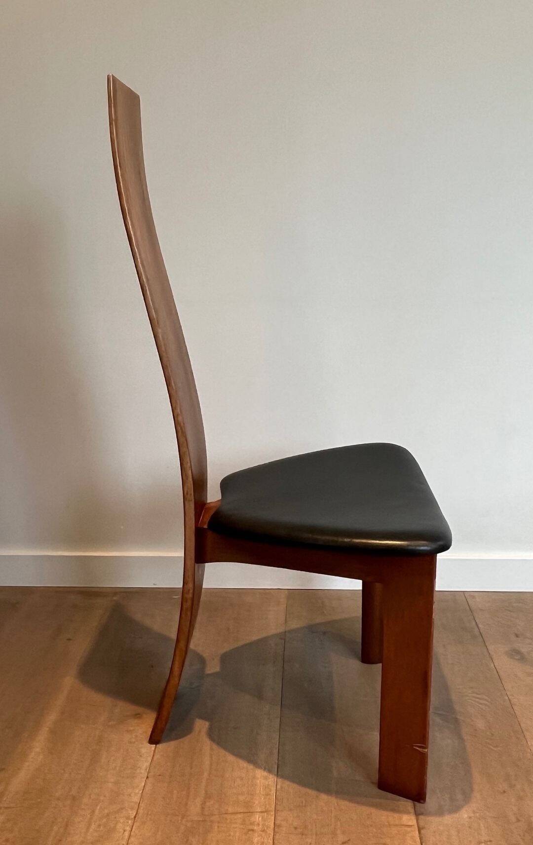 Pair of High Back Chairs, Exotic Wood & Black Leather, Scandinavian, varnished