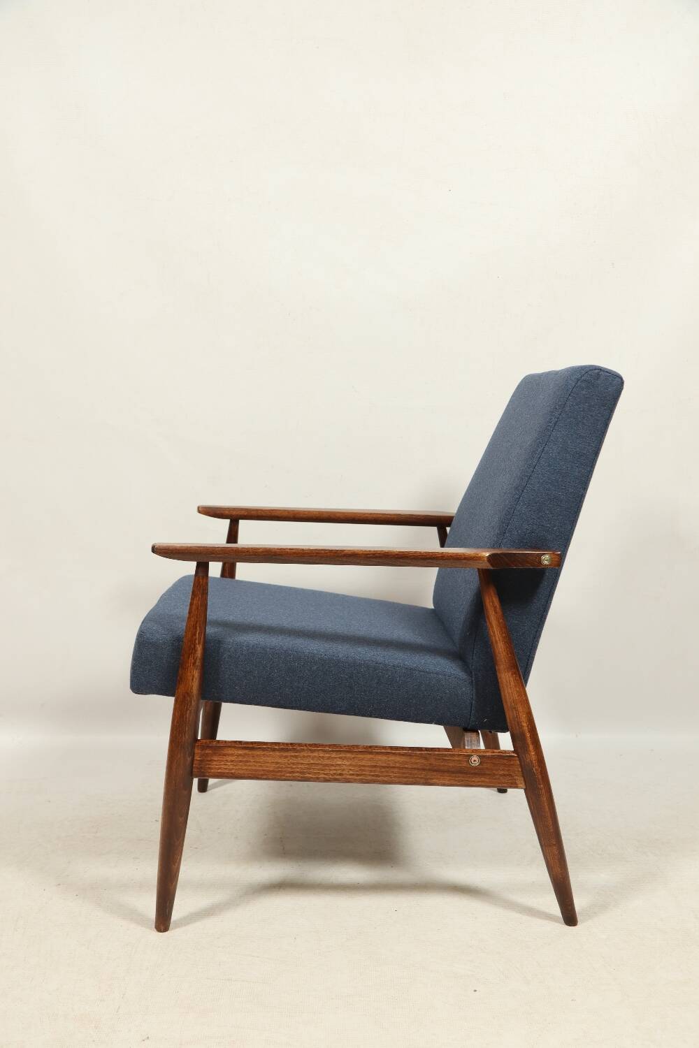 Scandinavian armchair navy blue natural wool dark brown wood design by H.Lis