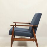 Scandinavian armchair navy blue natural wool dark brown wood design by H.Lis