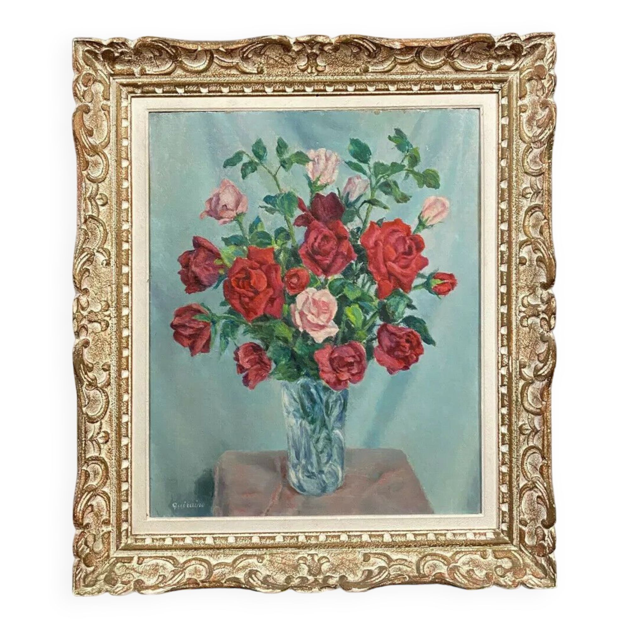 Oil painting on panel still life with roses in a vase