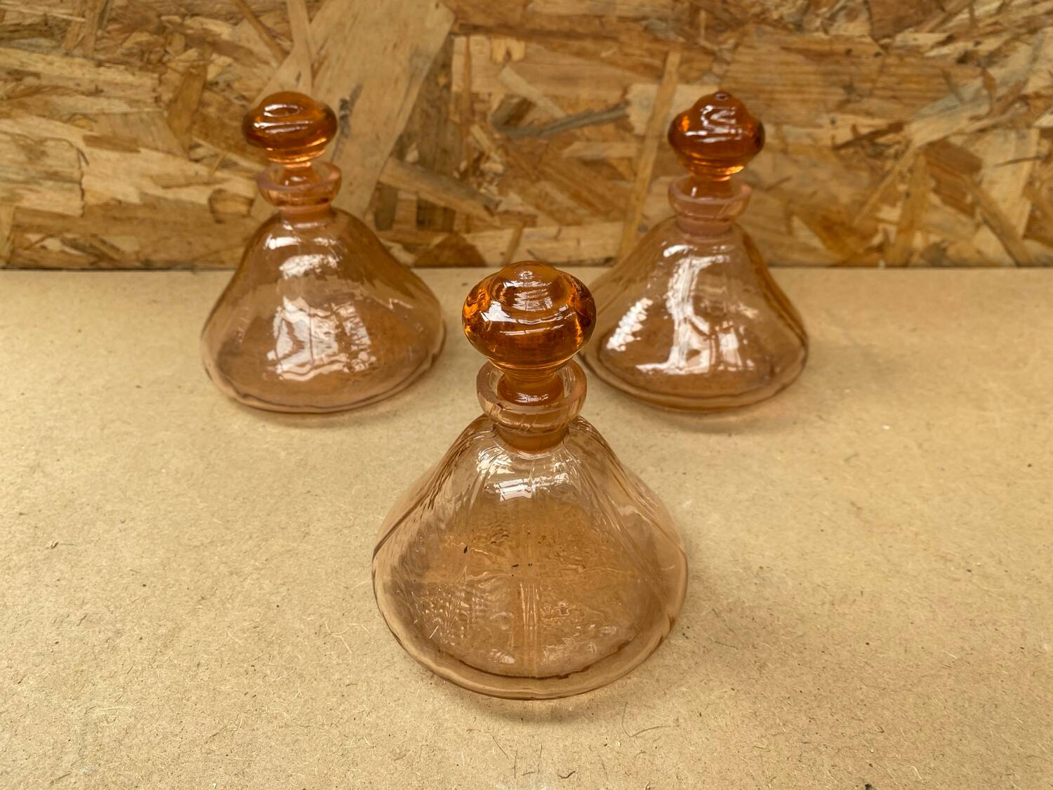 Set of 3 old perfume bottles + vintage pink molded glass stopper #b470