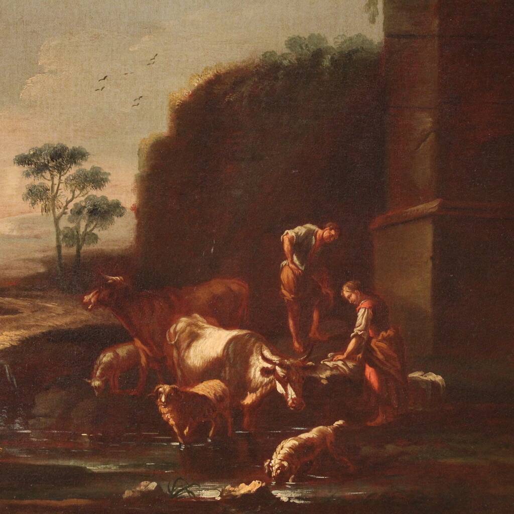 Painting of the Roman school of the 17th century, landscape with pastoral s