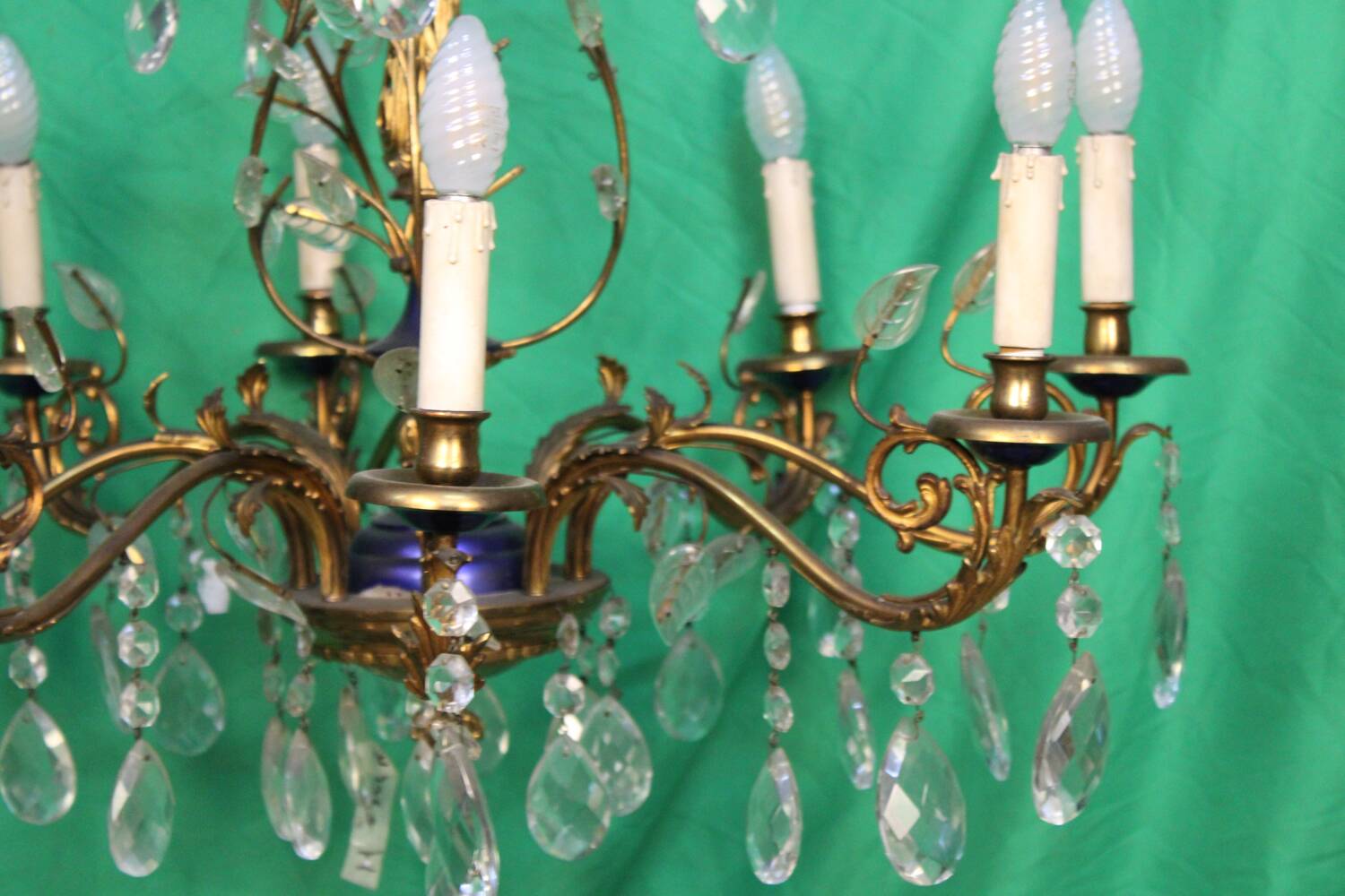 19th-century French gilt bronze chandelier featuring brass flowers and