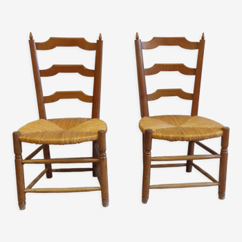 Paire de chaises bois paillé néo rustique vers 1950