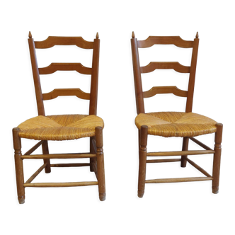 Paire de chaises bois paillé néo rustique vers 1950