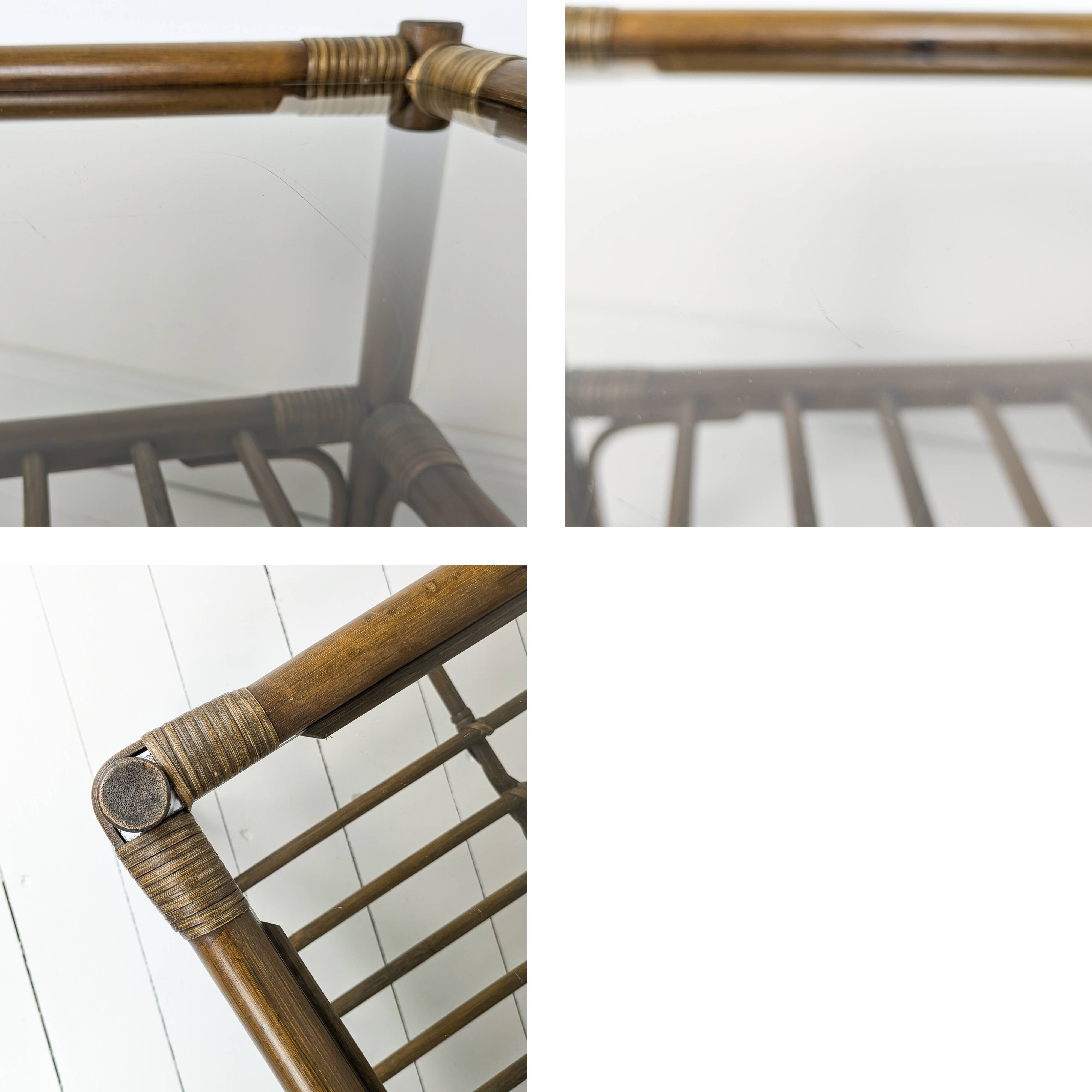 Table basse en bambou marron foncé plateau en verre Mid Century Vintage Rattan Skandi Boho Danish De