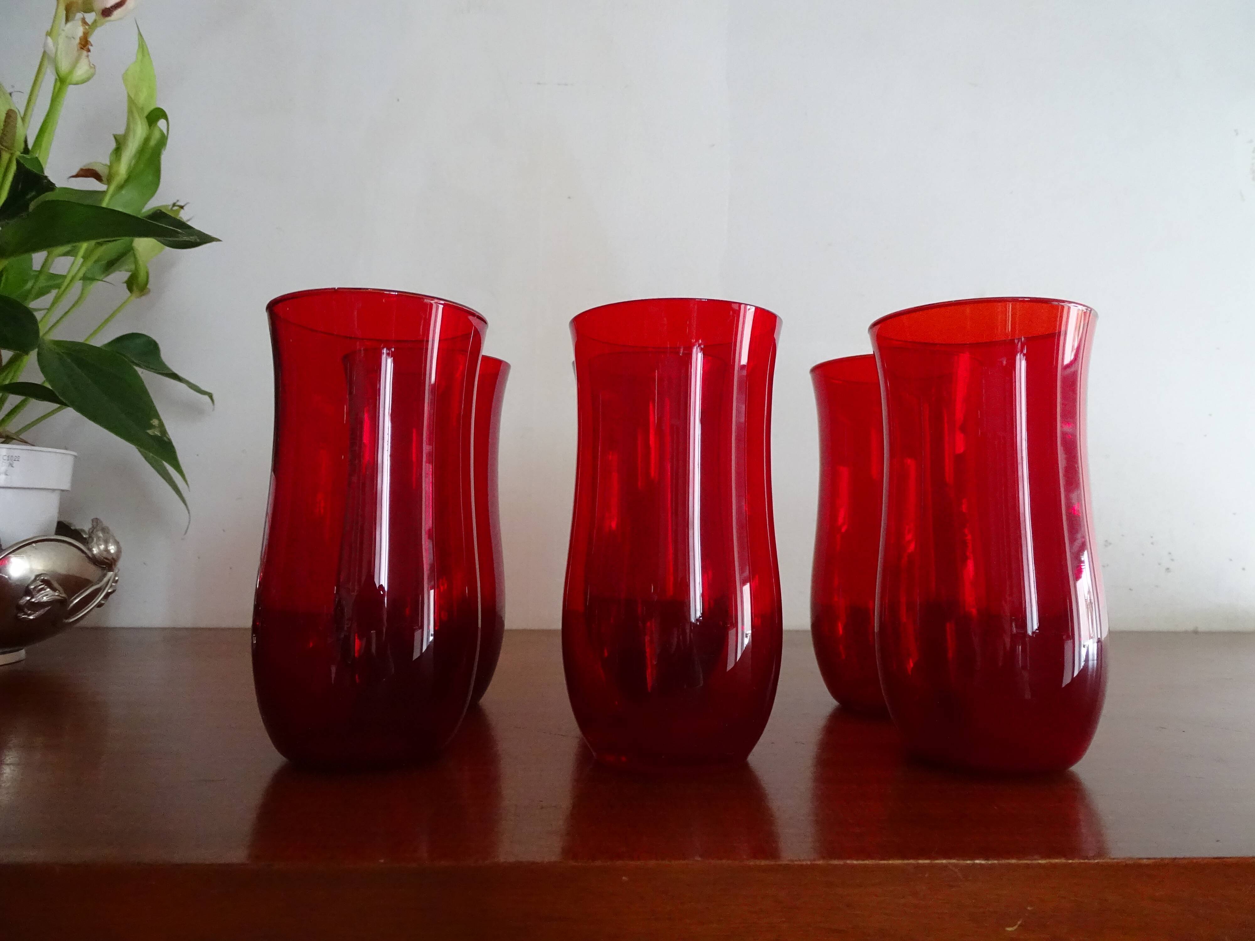 6 water glasses blown glass vintage ruby red 1960