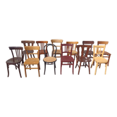 Set of 12 mismatched wooden bistro chairs