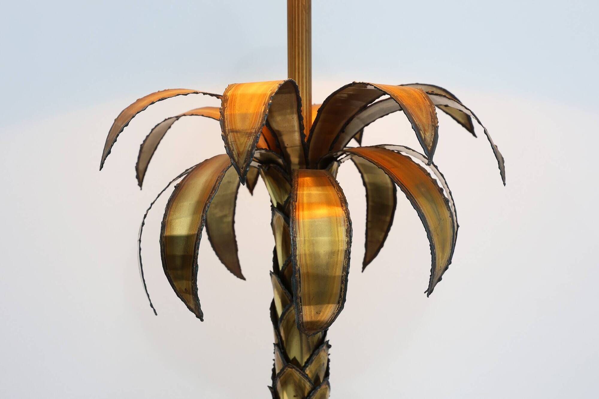 Hollywood Regency brass palm tree table lamp with black shade, France, 1970