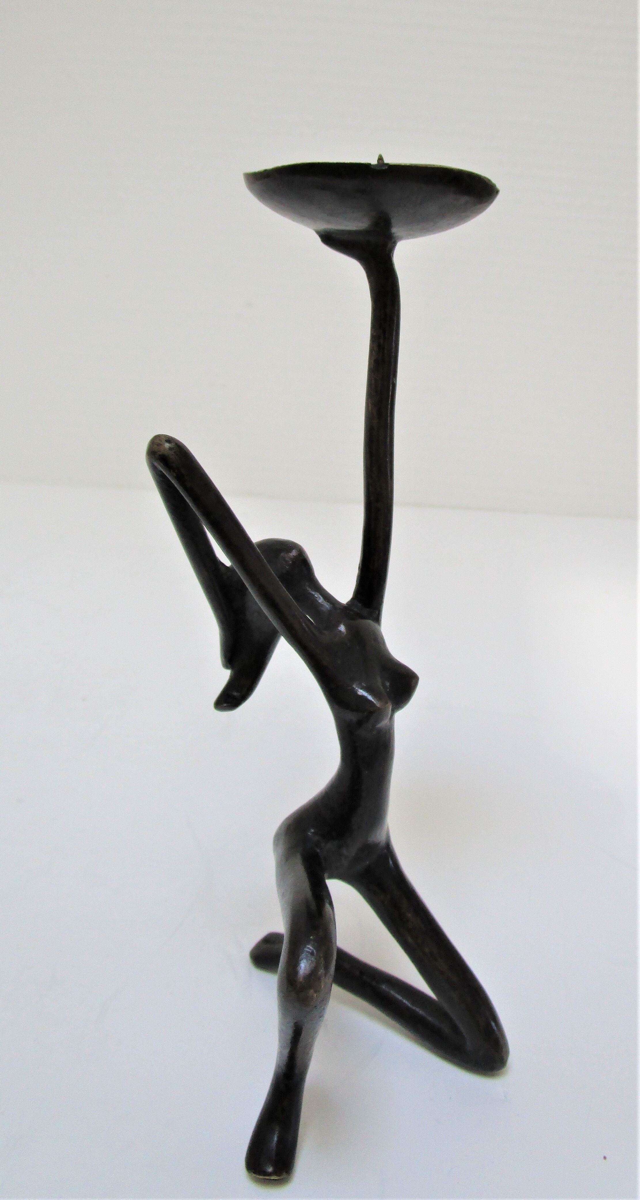 Sculptural candlestick anthropomorphic bronze blackened with woman's figure 70s