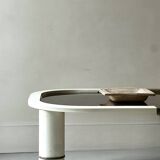 Rectangular coffee table with rounded edges, lacquered metal, brass & smoked mirror, 70s design.