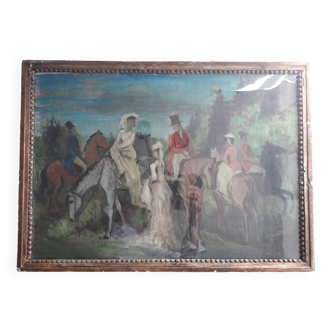 Old oil painting representing an equestrian scene