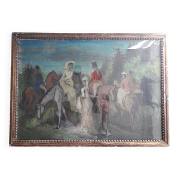 Old oil painting representing an equestrian scene