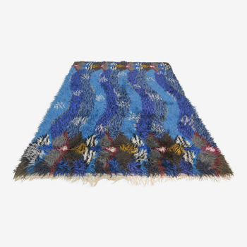 Vintage wave design blue Rya rug 202 cm x 145 cm, 1970s
