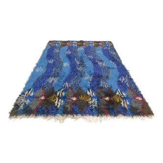 Vintage wave design blue Rya rug 202 cm x 145 cm, 1970s