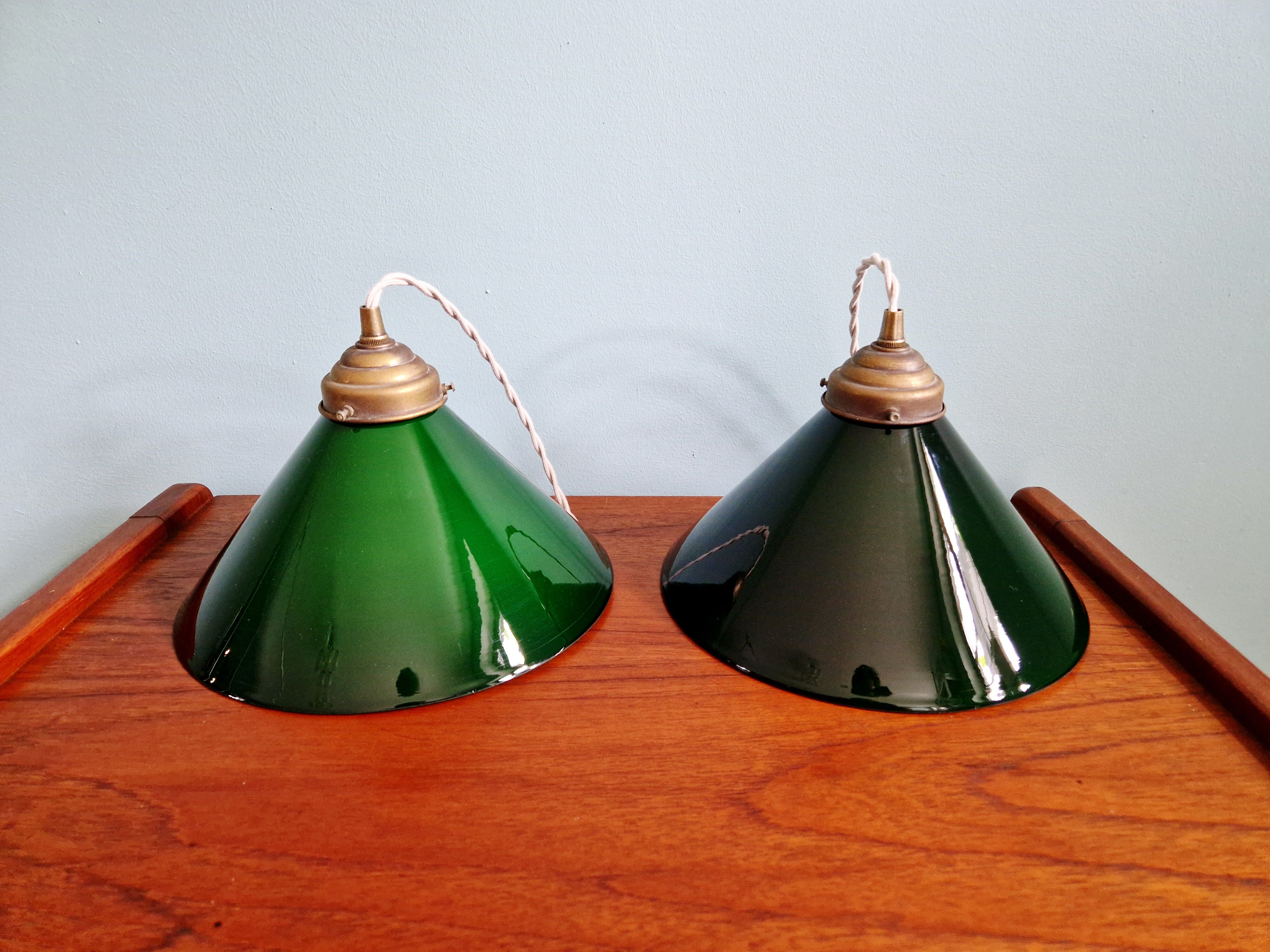 Pair of conical green opaline pendant lights, Art Deco style