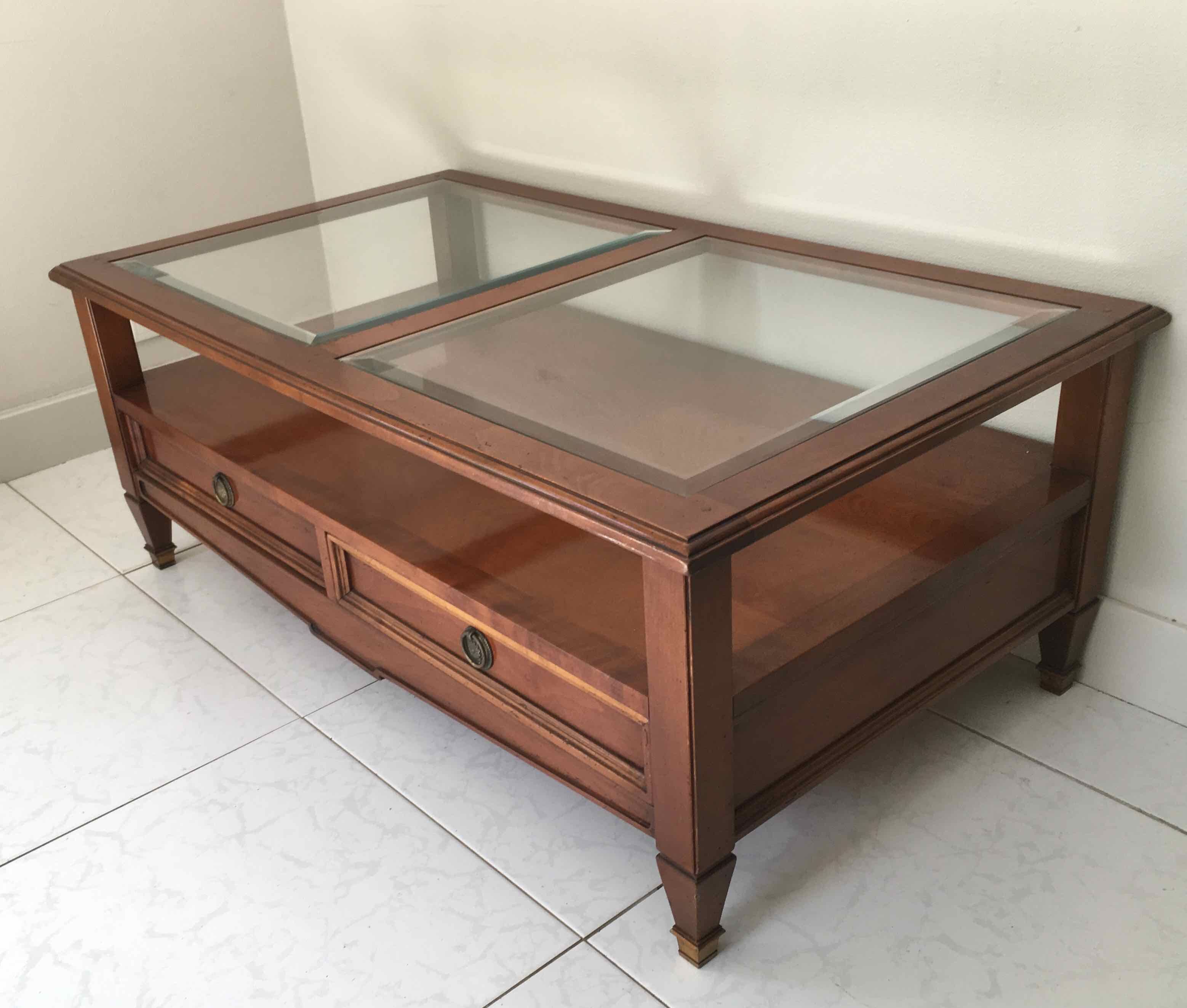 Coffee table with cherry drawers and beveled glass