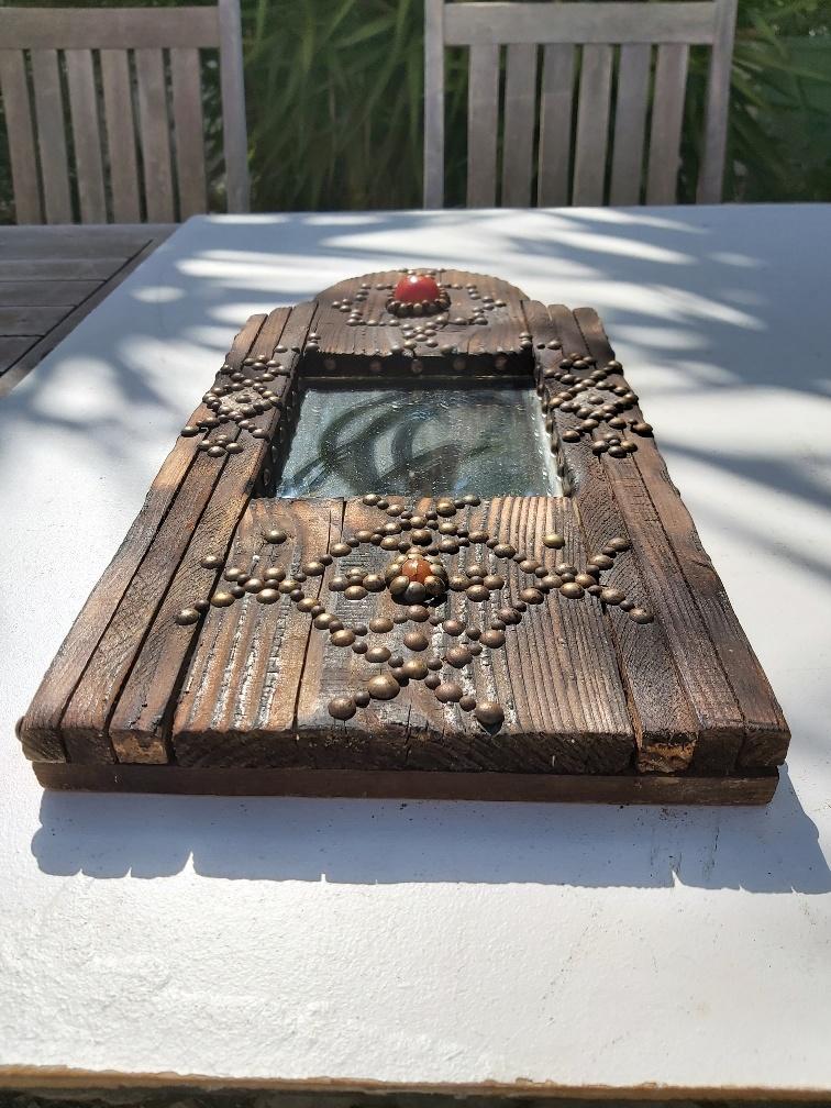 Ancient brutalist oriental wooden mirror 23x53cm