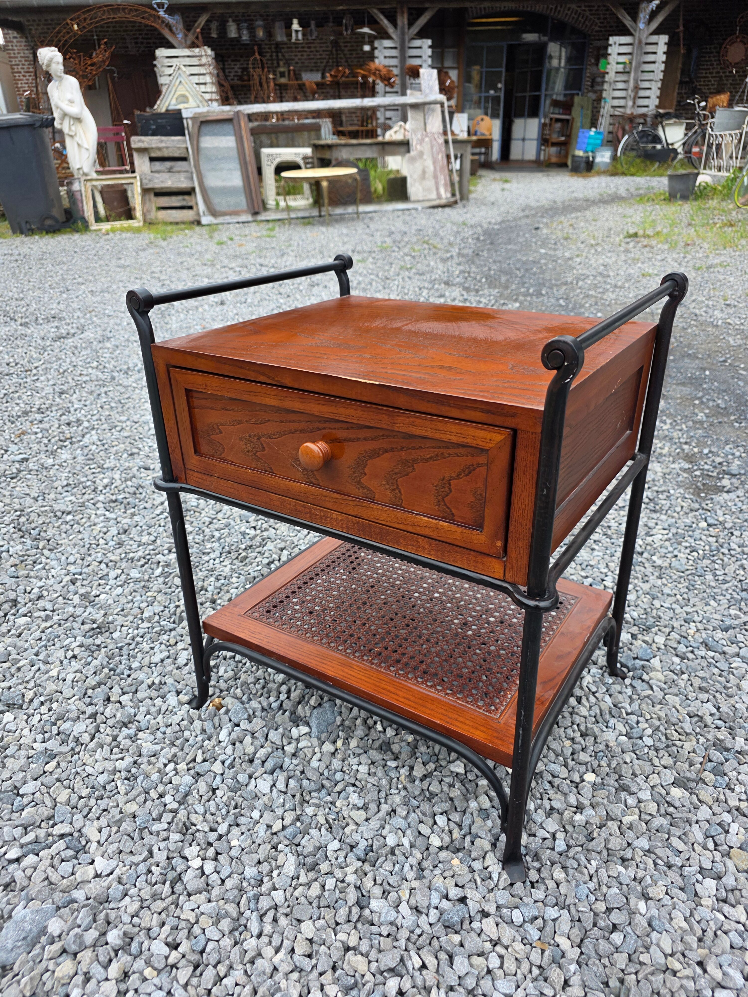 Vintage bedside table in solid oak and wrought iron.