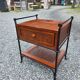Vintage bedside table in solid oak and wrought iron.