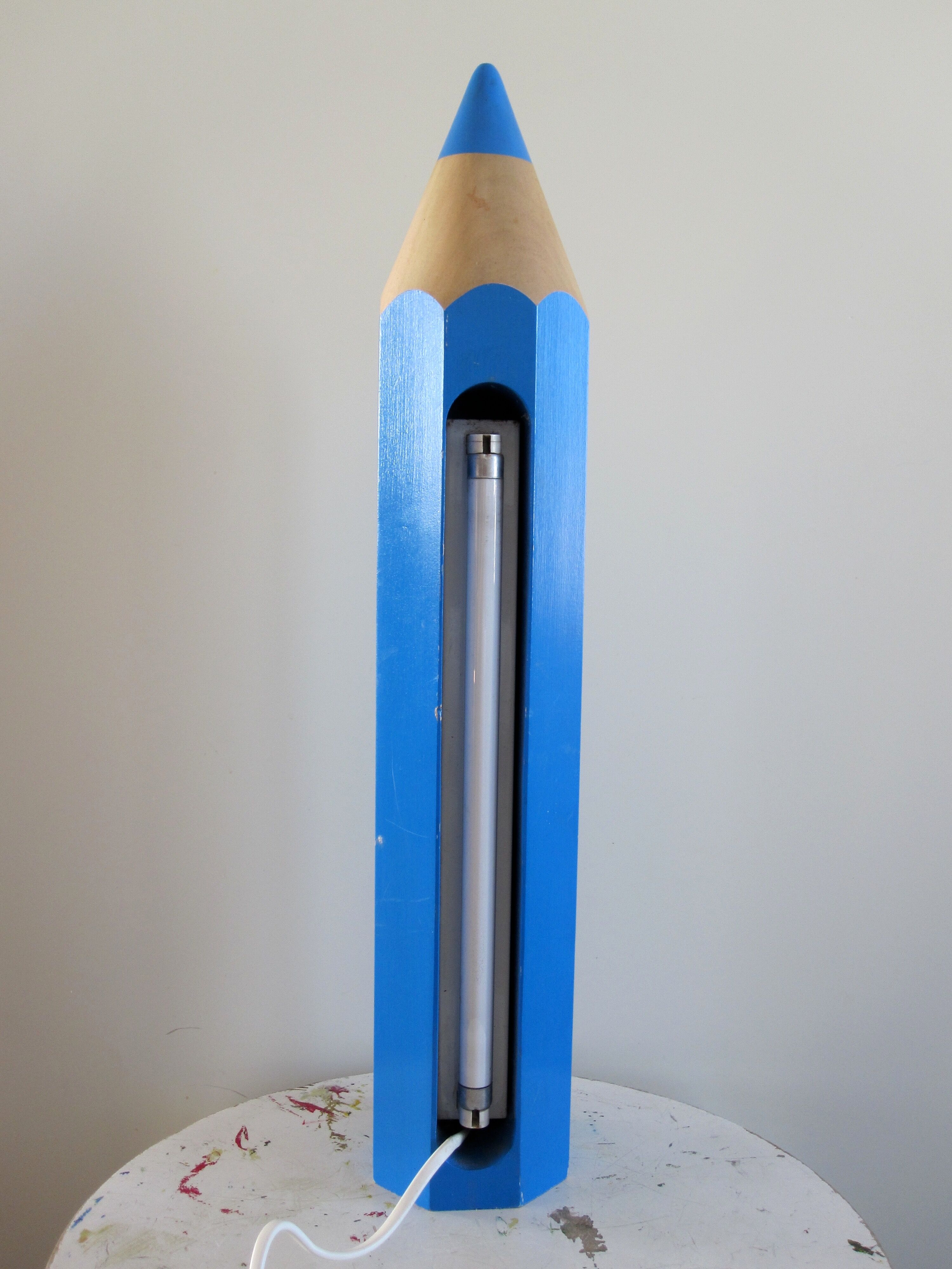 Pierre sala for vilac, blue wooden pencil lamp from the 80s