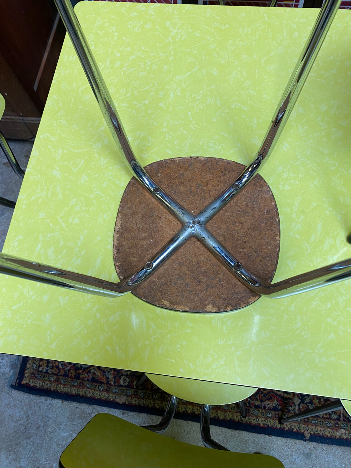 Roger Breton yellow formica set for Tublac, table, 6 chairs, 2 stools, 60s