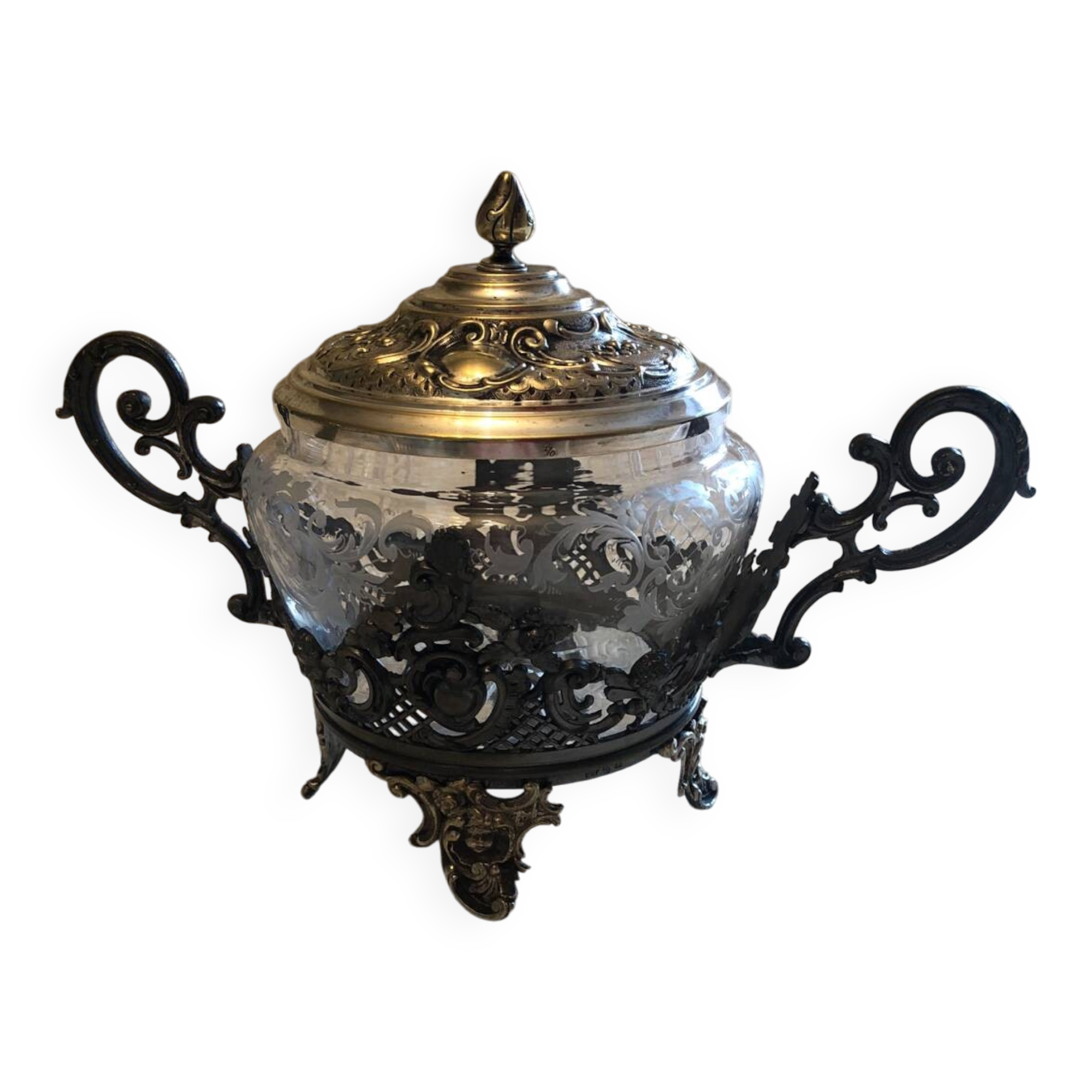 Silver-plated metal and crystal sugar bowl