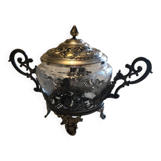 Silver-plated metal and crystal sugar bowl