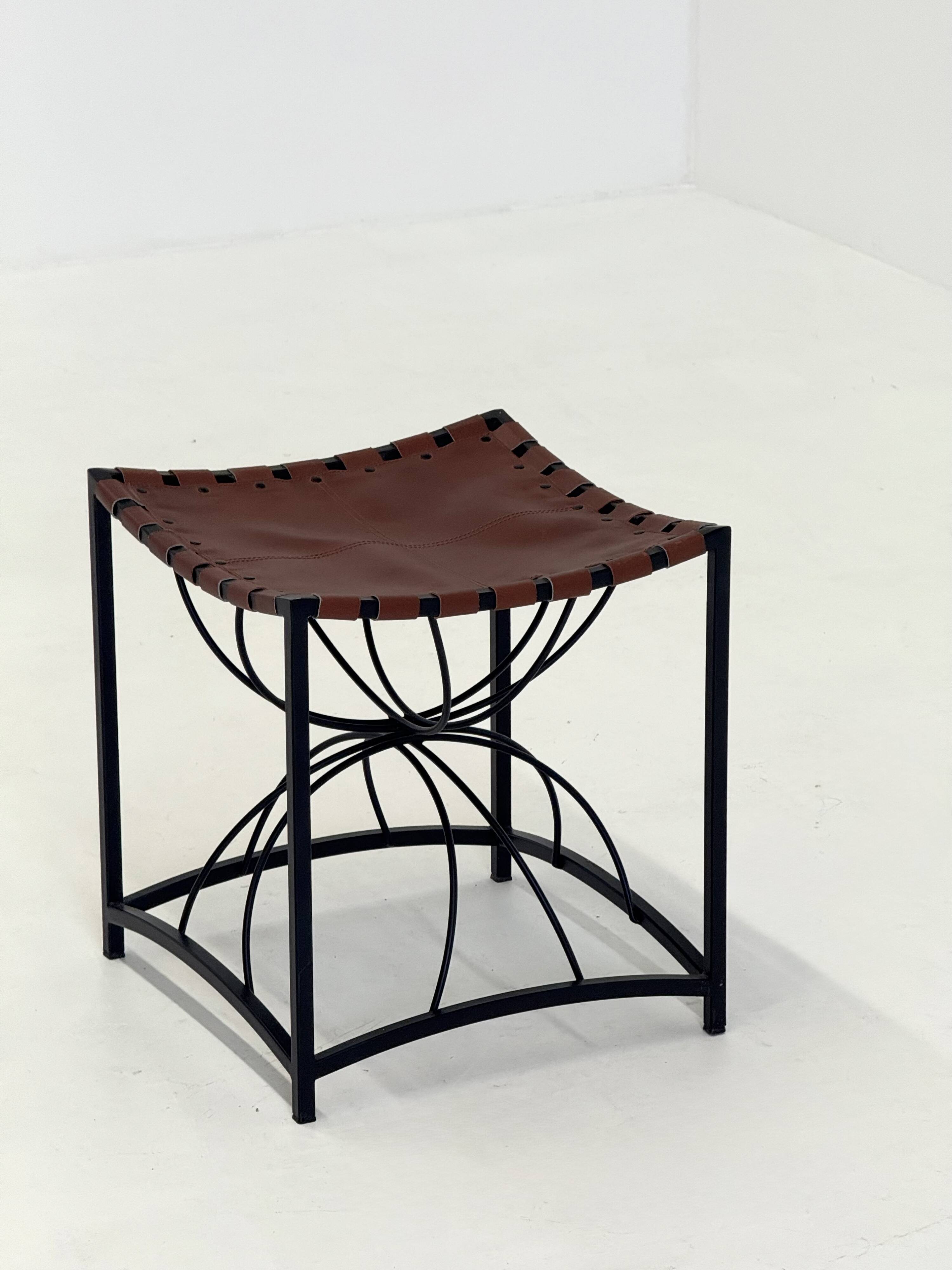 French elegant vintage stool with black metal and brown leather