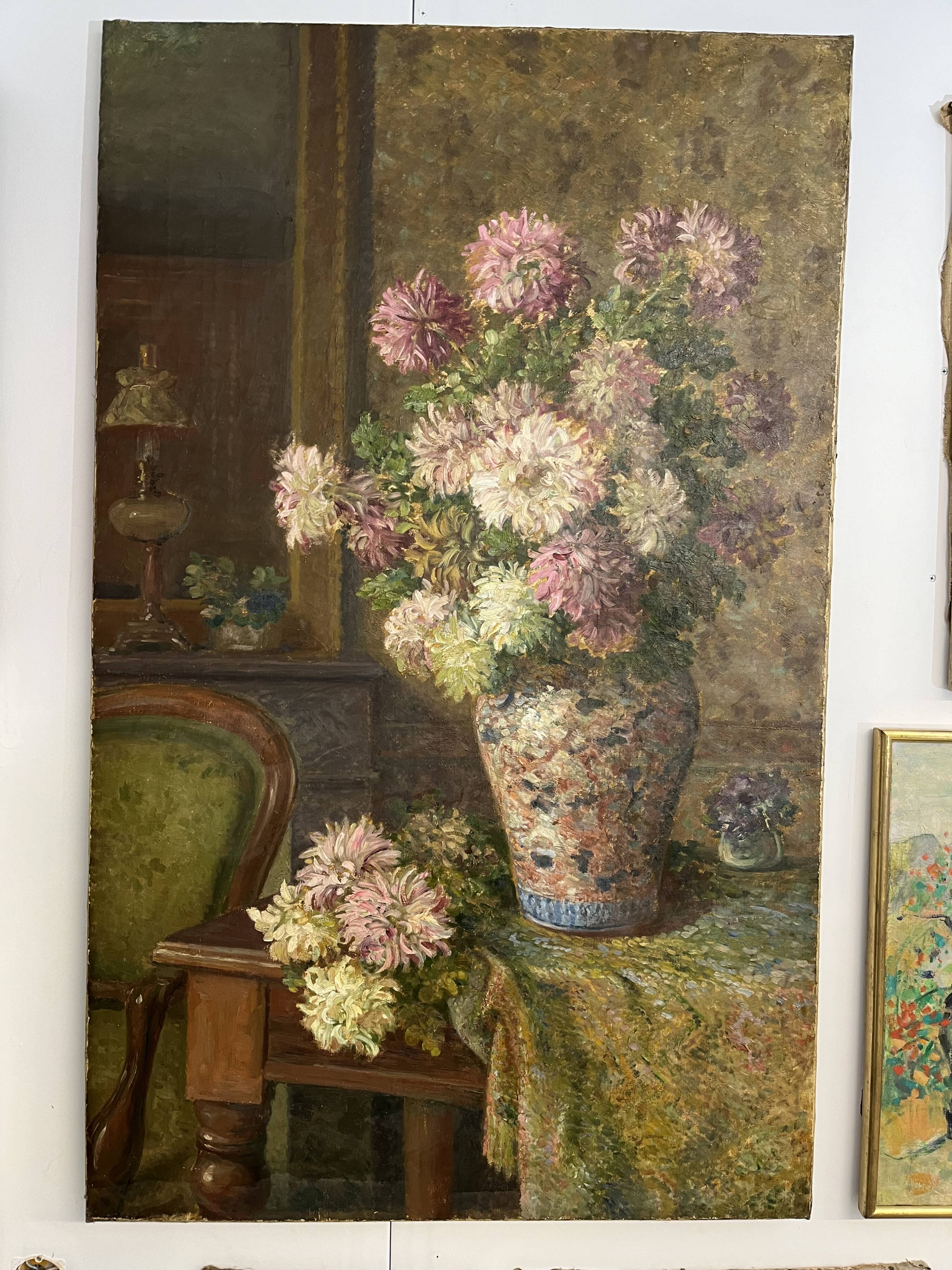 Large antique painting of lilacs in an interior – oil on canvas from the 19th century.