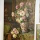 Large antique painting of lilacs in an interior – oil on canvas from the 19th century.