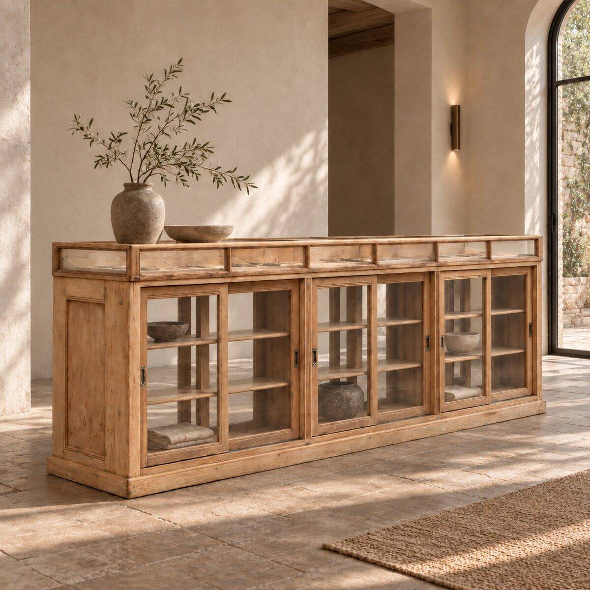 Old glass-fronted pine trade counter - early 20th century
