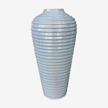 Iridescent striped vase pale blue, numbered, Art deco