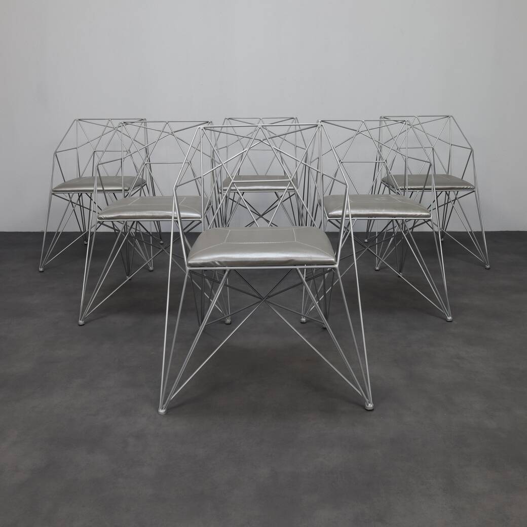 6x Geometric Wire Frame Dining Chairs, rare