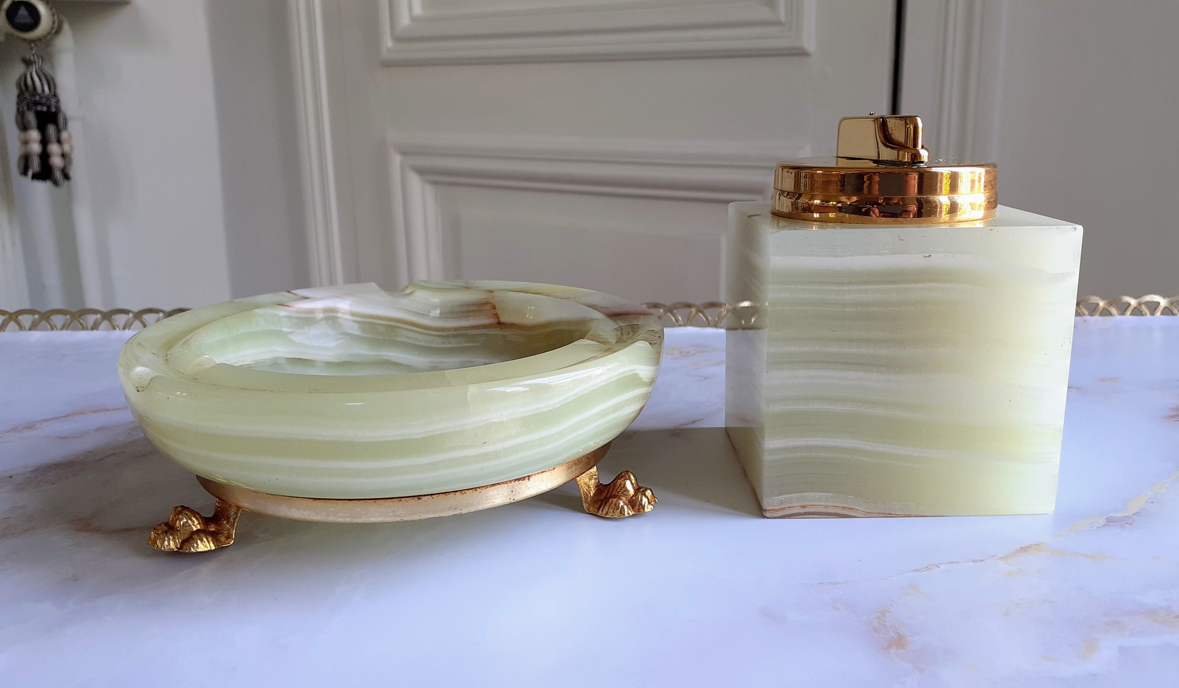 1960-70 onyx ashtray and table lighter set