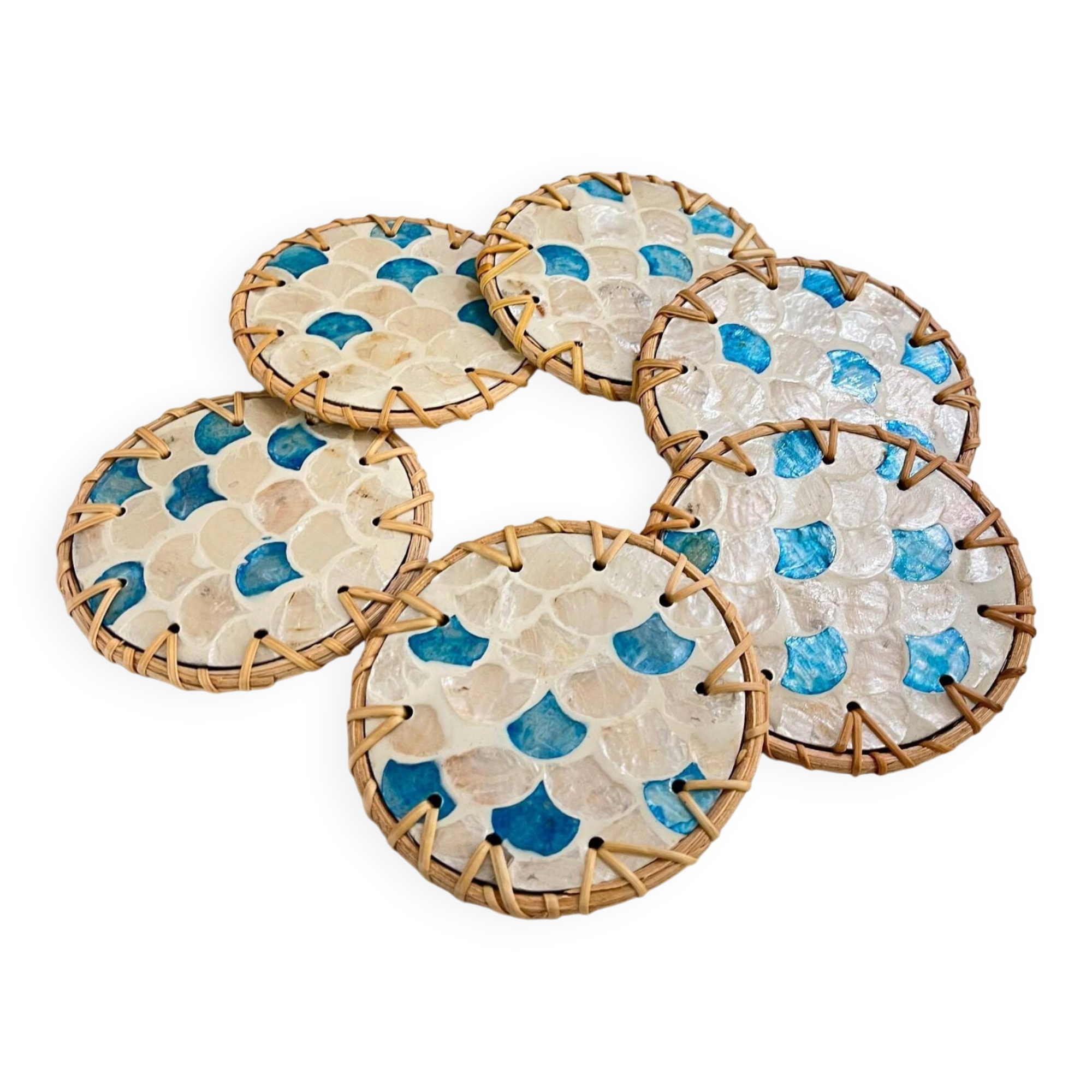 Mid Century Modern Vintage Set of 6 Rattan Coasters with a Pearl Finish