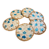 Ensemble de 6 sous-verres en rotin vintage de style mid-century avec une finition perle