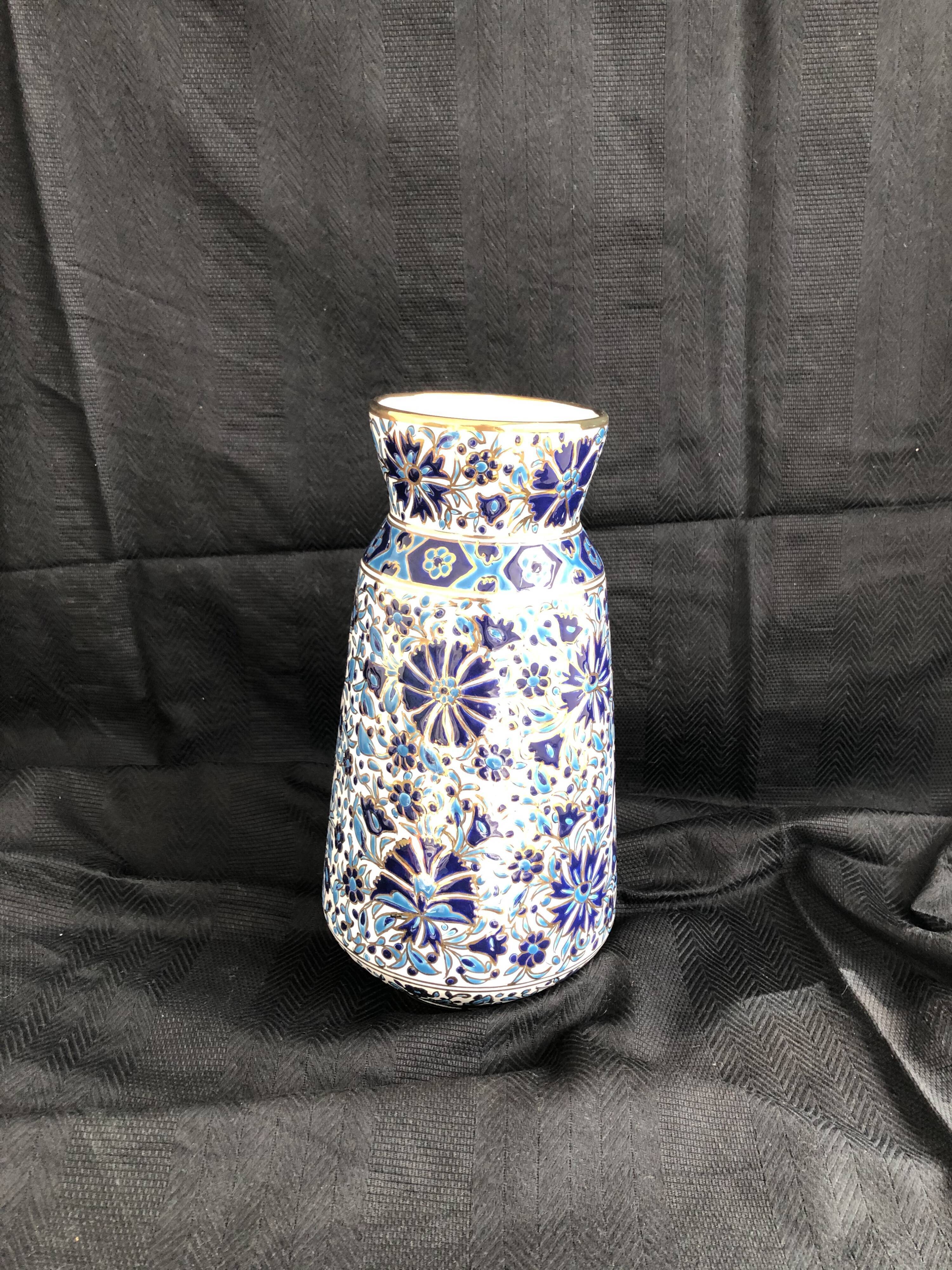 Vase grec vintage Nassos Hellas Rodos or bleu et blanc