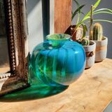 Vintage 1976 Mdina Glass Ming Bulbous Vase Blue and Yellow Swirl Hand Blown