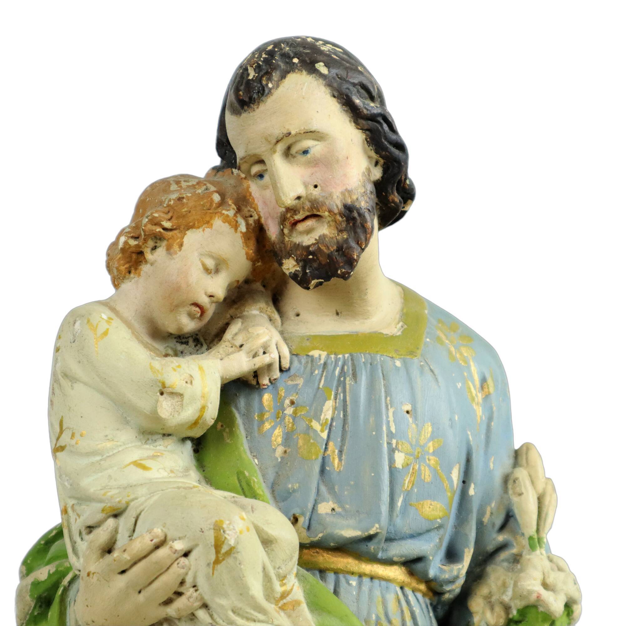 Statue sculpture Saint Joseph avec bébé Jésus plâtre