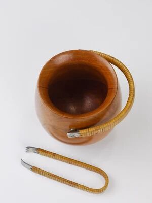Carl Aubock sugar bowl & tongs, walnut, nickel, cane, no. 3536, 1940s