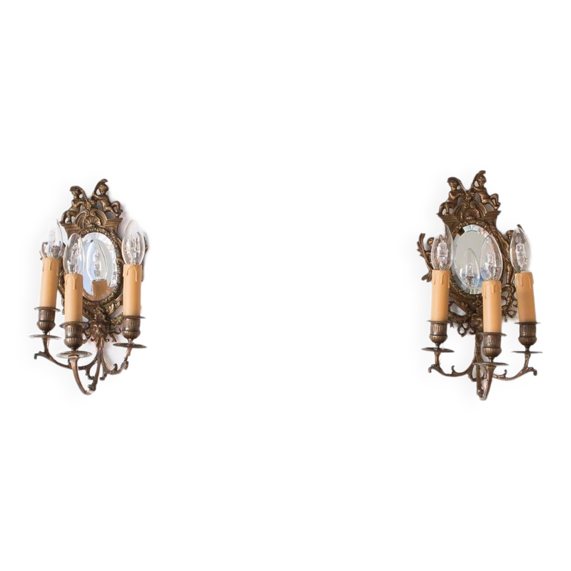 Pair of old French wall lights with beveled mirror and putti