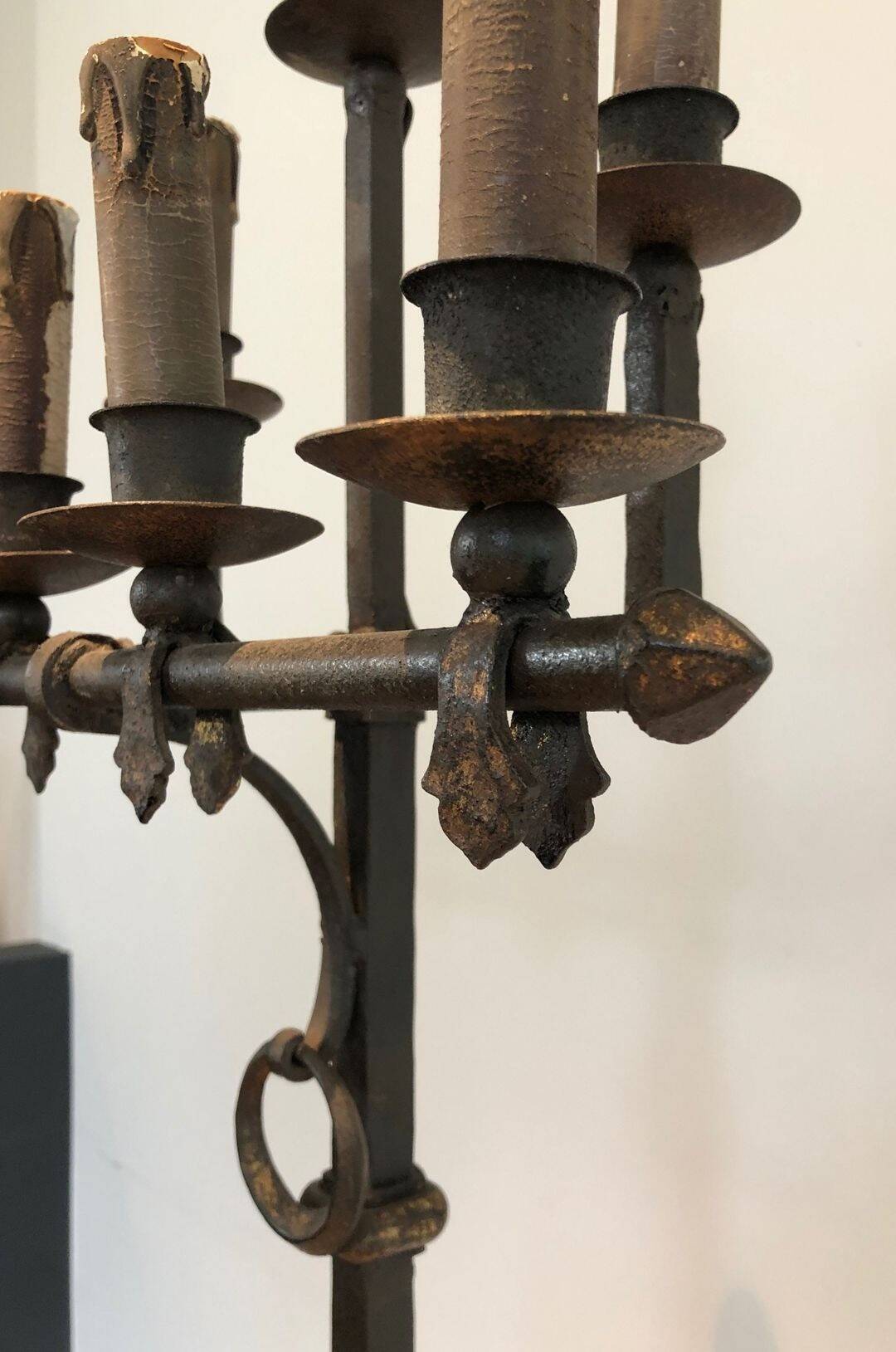 Parquet Floor Lamp in Wrought Iron and Gilded Iron, Art Deco, French Work,