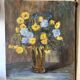 Oil on canvas, bouquet of yellow and blue flowers, mid-20th century.