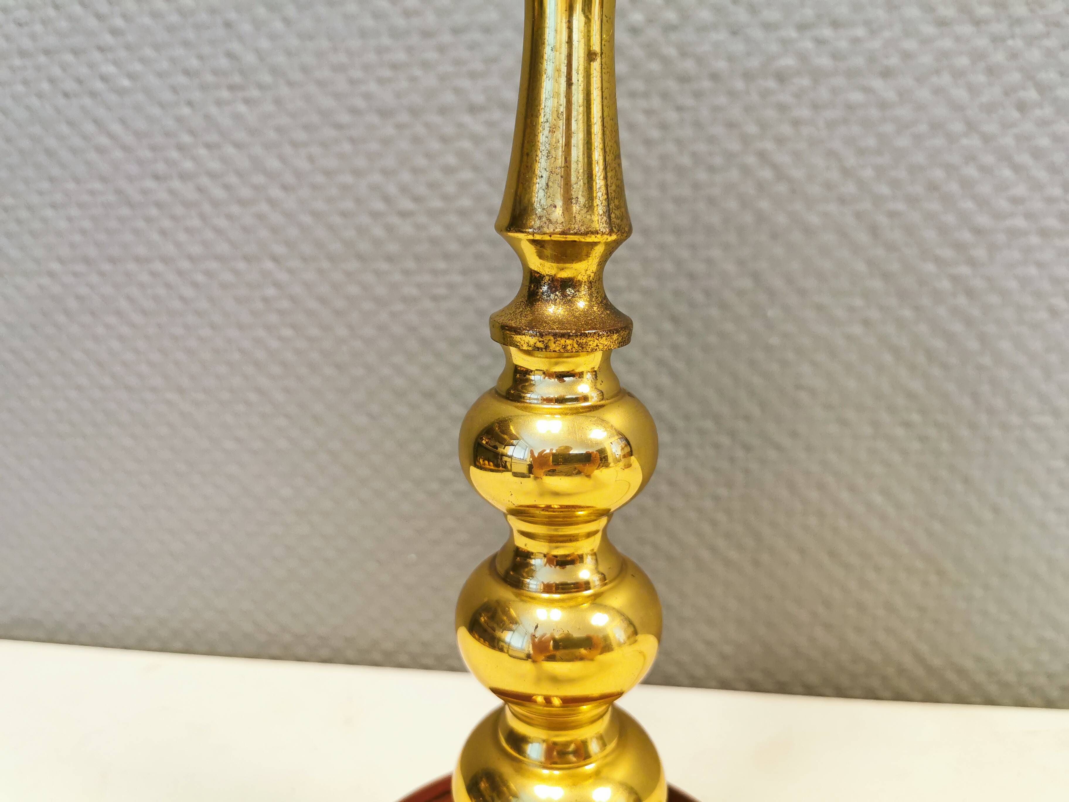 Table lamp from Danish Vitrika in brass, amber colored hard pressed glass, with a shade holder.