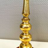 Table lamp from Danish Vitrika in brass, amber colored hard pressed glass, with a shade holder.