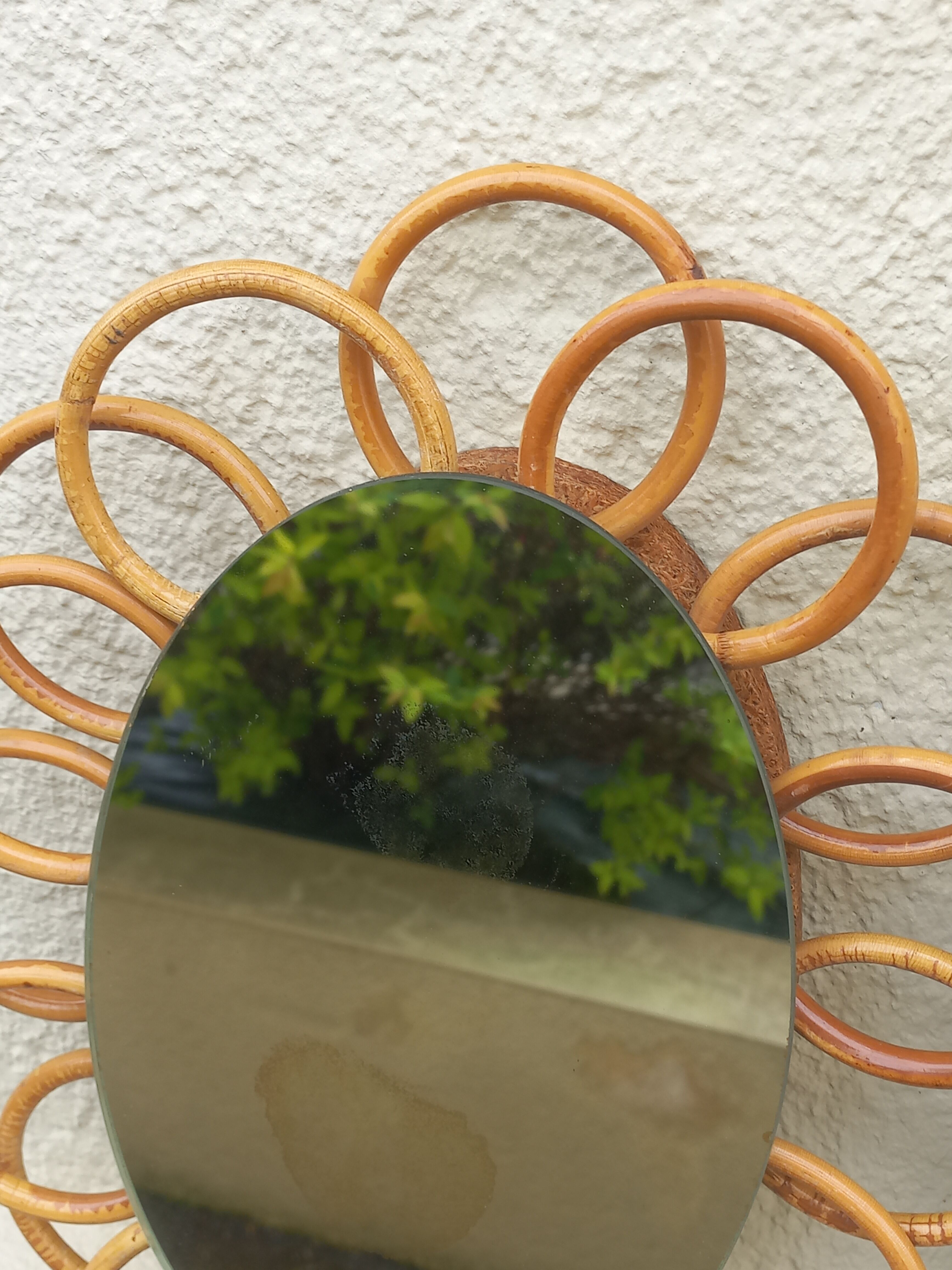 Miroir soleil ovale en rotin des années 70 25x31cm