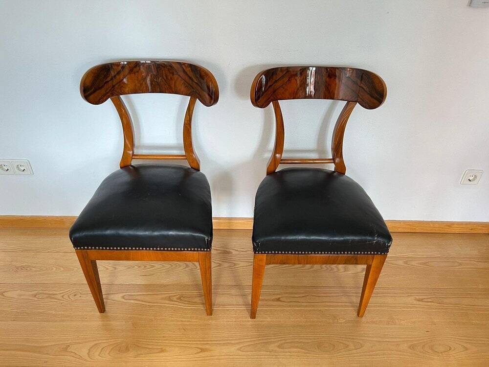 Set of Biedermeier Shovel Chairs in Walnut & Black Leather, Austria, 1820s