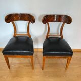 Set of Biedermeier Shovel Chairs in Walnut & Black Leather, Austria, 1820s