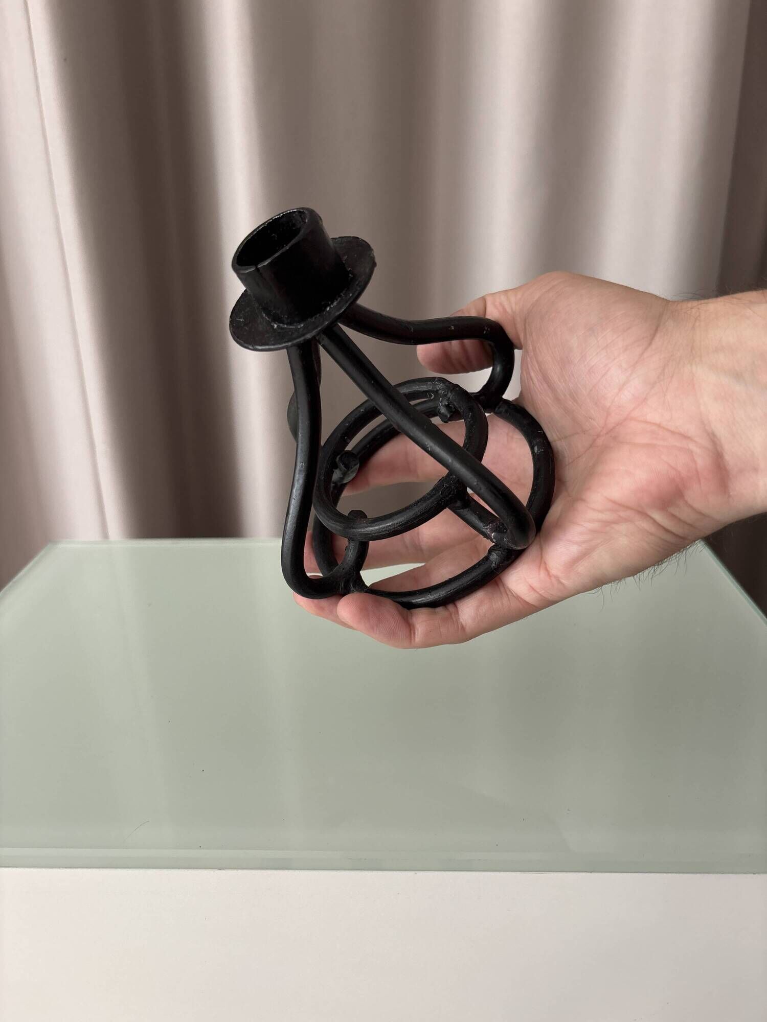 Vintage Black Wrought Iron Candle Holder – Sculptural Brutalist Design